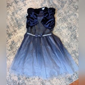Jona Michelle Blue Tulle Glitter Girl's Dress With Velour Bolero/Jacket Sz 8 EUC
